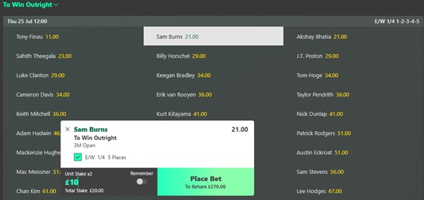 Bet365 Golf Each Way Bet Slip